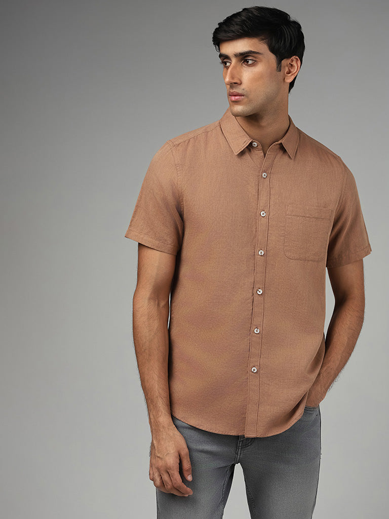 WES Casuals Solid Brown Slim Fit Blended Linen Shirt