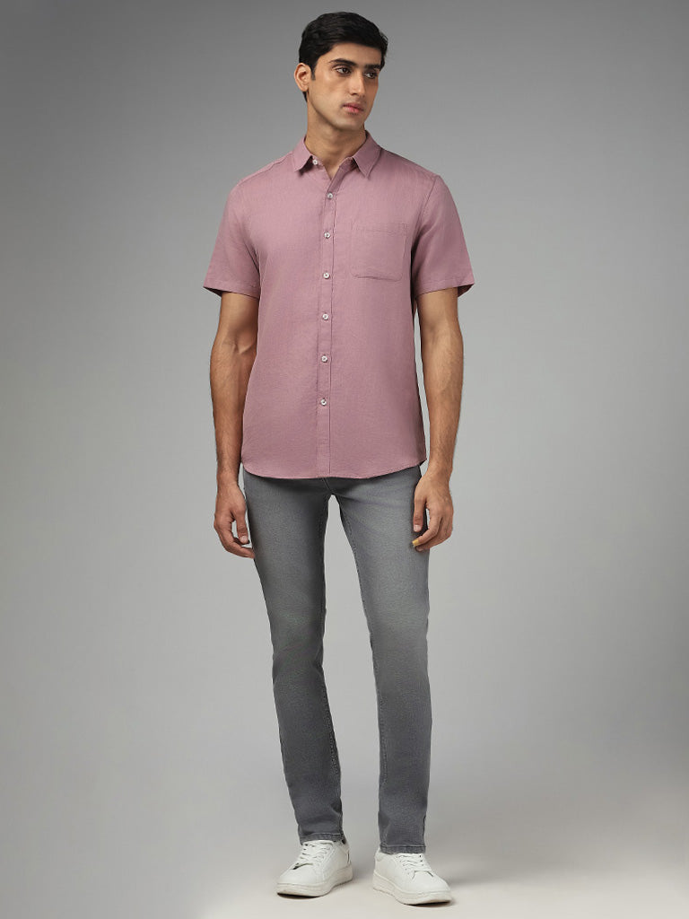 WES Casuals Solid Mauve Slim Fit Blended Linen Shirt