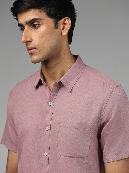 WES Casuals Solid Mauve Slim-Fit Blended Linen Shirt