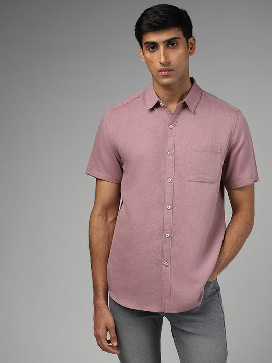WES Casuals Solid Mauve Slim-Fit Blended Linen Shirt