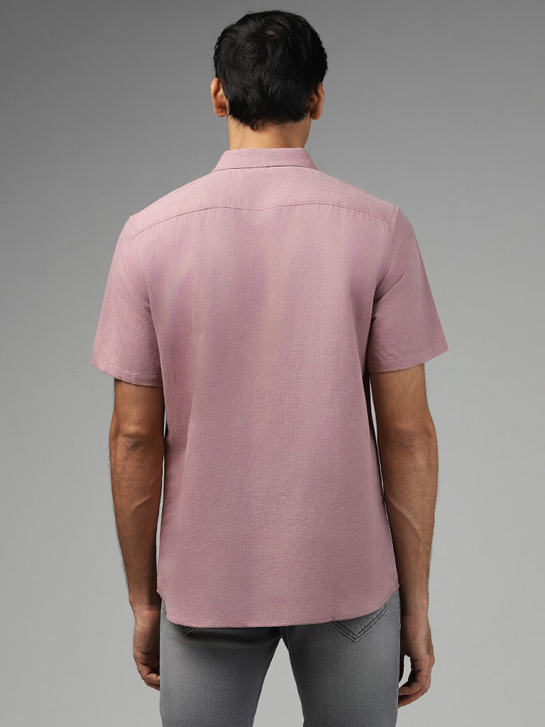 WES Casuals Solid Mauve Slim Fit Blended Linen Shirt