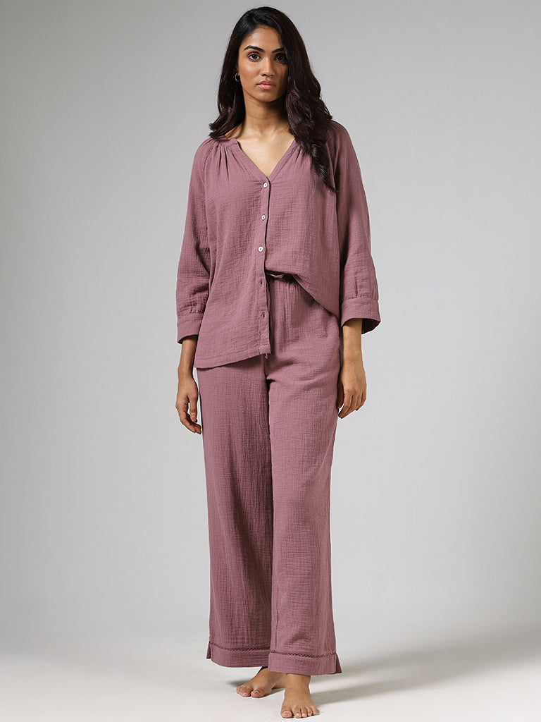 Wunderlove Purple Crinkled Pyjamas & Sleep Shirt Set