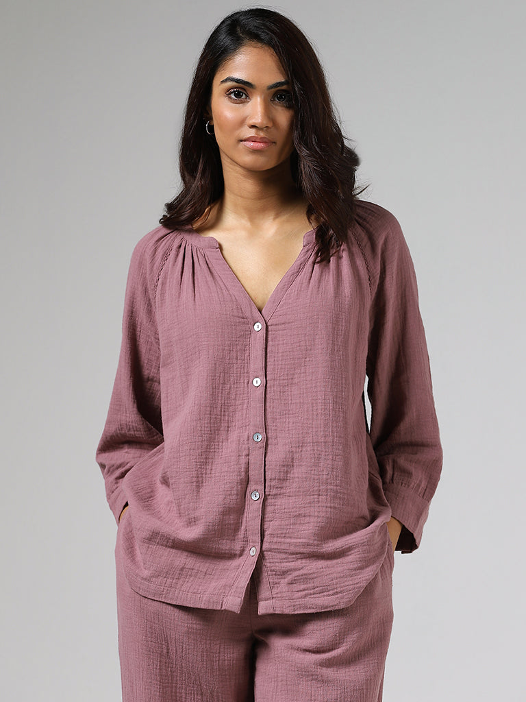 Wunderlove Purple Cotton Crinkled Pyjamas and Sleep Shirt Set