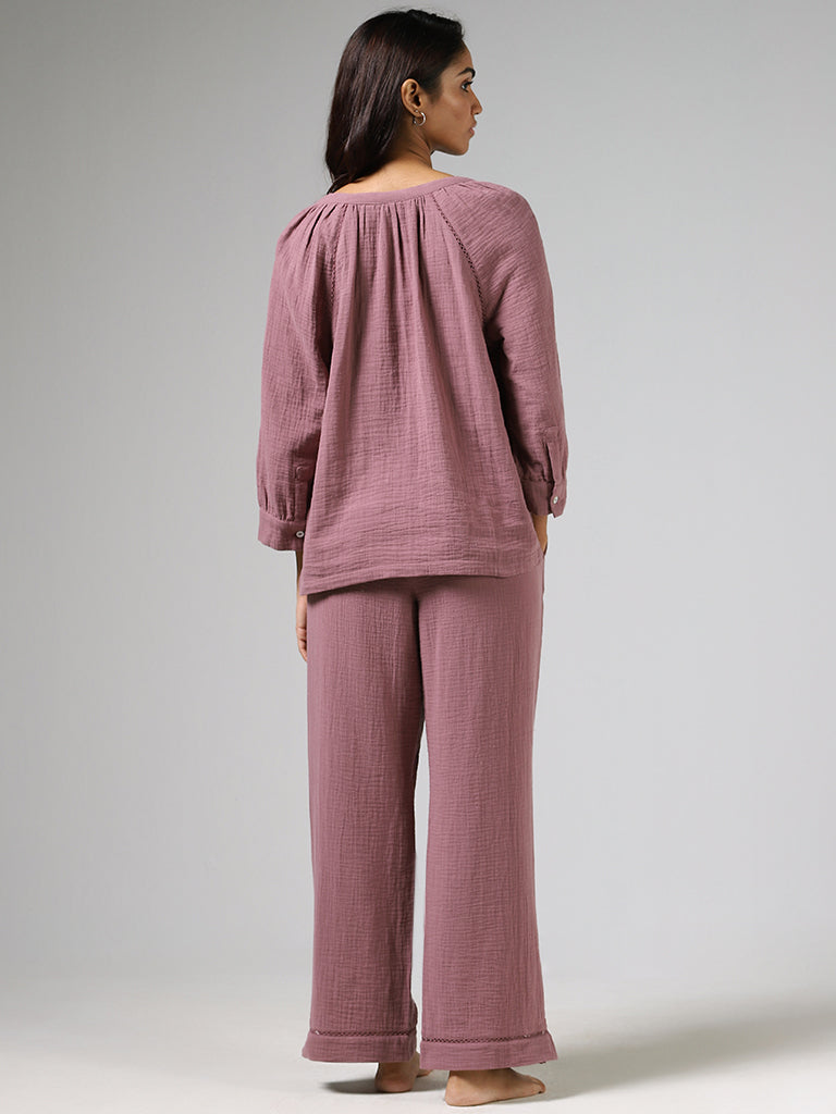 Wunderlove Purple Cotton Crinkled Pyjamas and Sleep Shirt Set