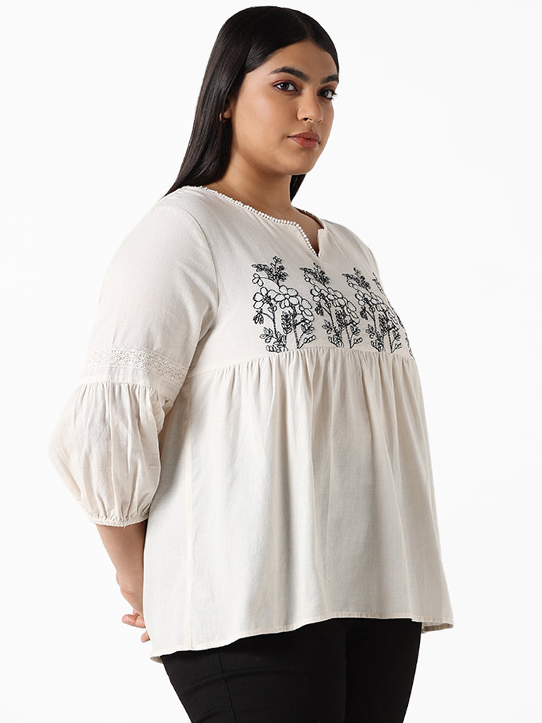 Gia Embroidered Gathered Cream Blouse