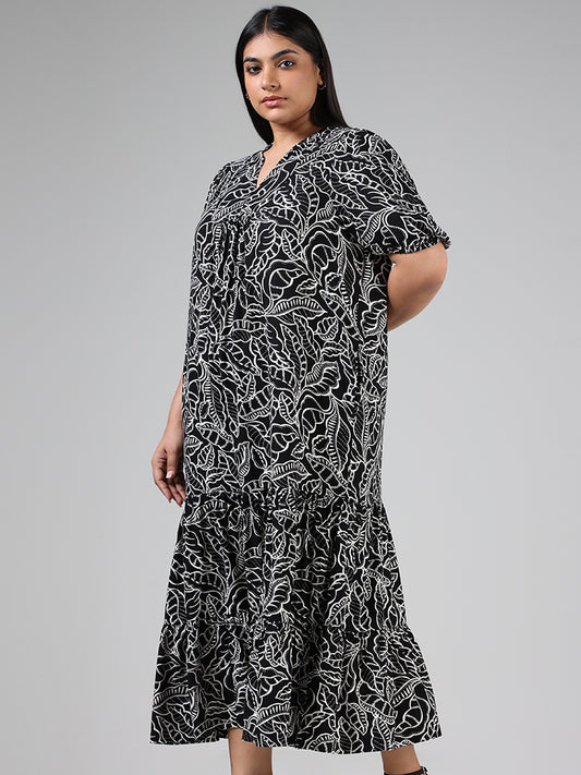 Gia Black Leaf Printed Long Dress
