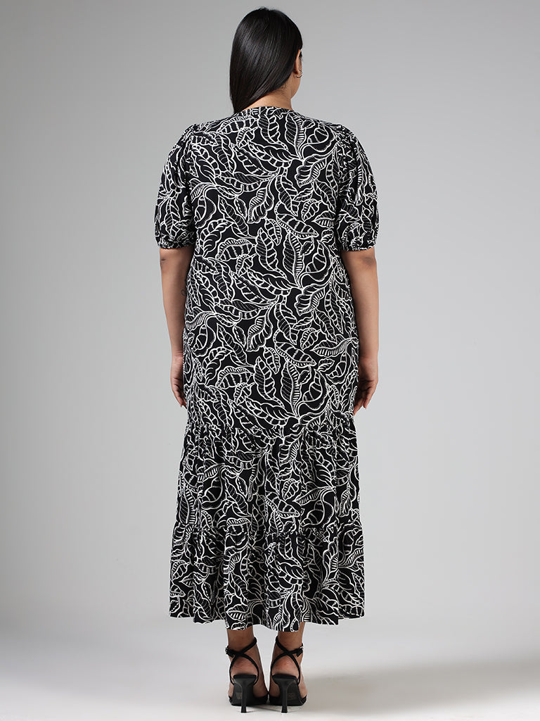 Gia Black Leaf Printed Long Dress
