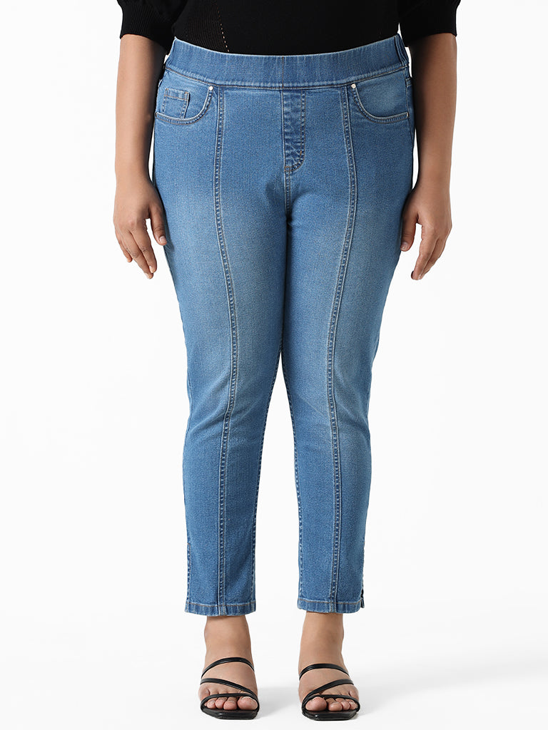 Gia Solid Blue Denim Straight Fit Jeggings