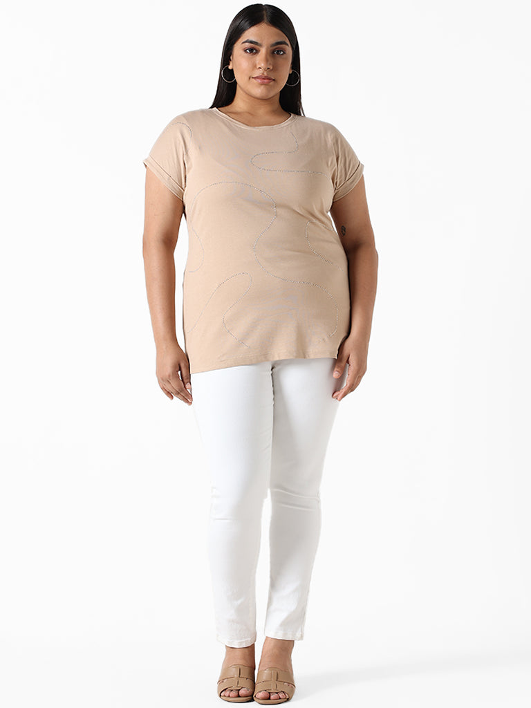 Gia Button Patterned Light Beige T-Shirt
