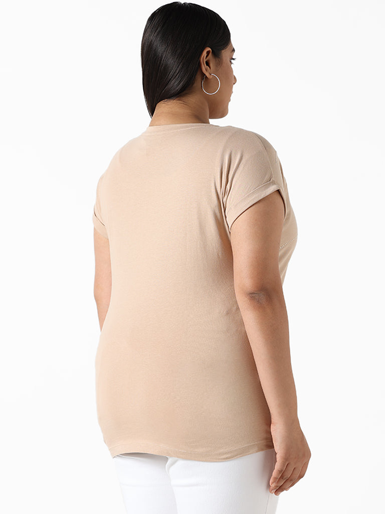 Gia Button Patterned Light Beige Cotton T-Shirt