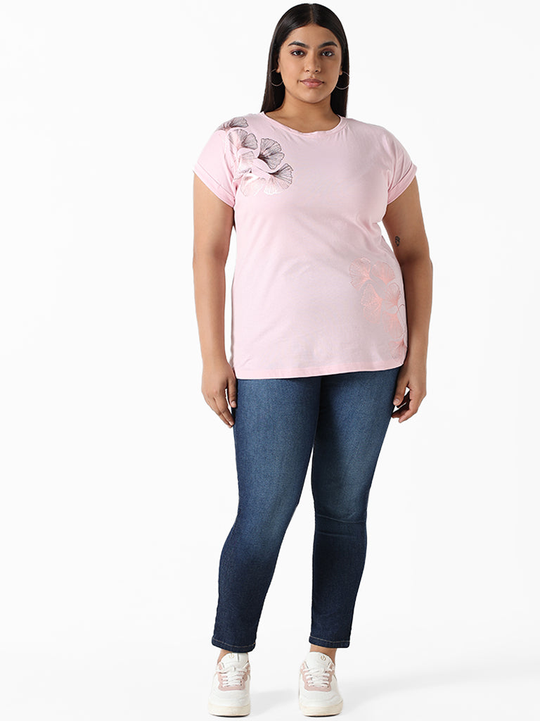 Gia Leaf Printed Pink T-Shirt