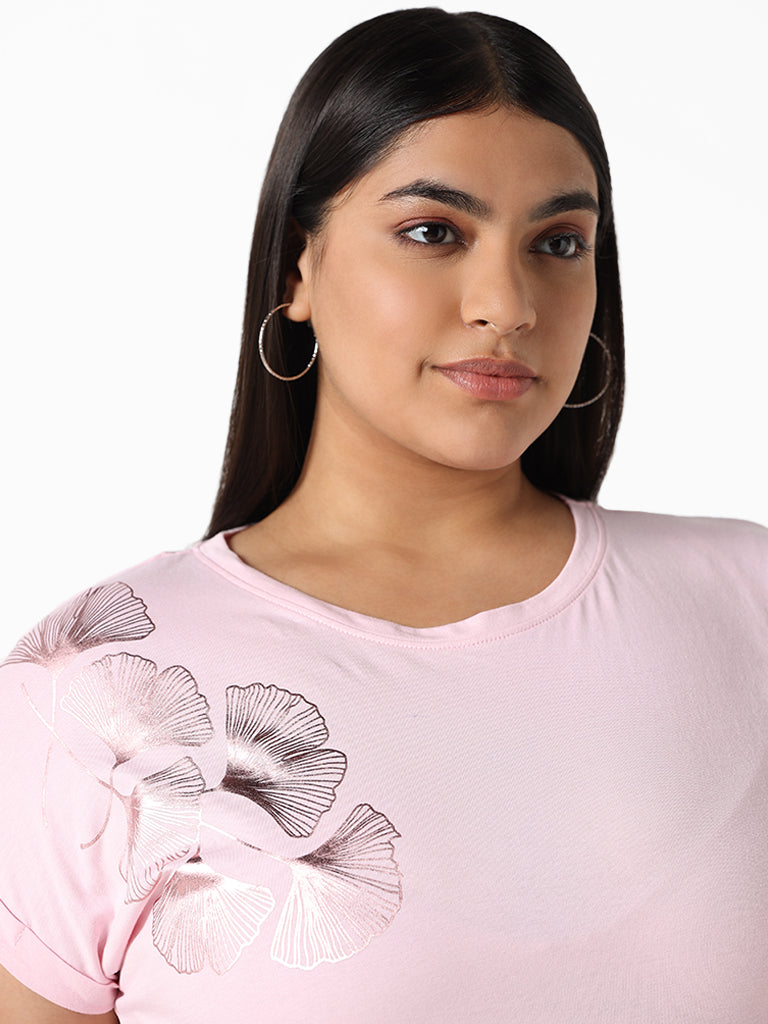 Gia Leaf Printed Pink Cotton T-Shirt
