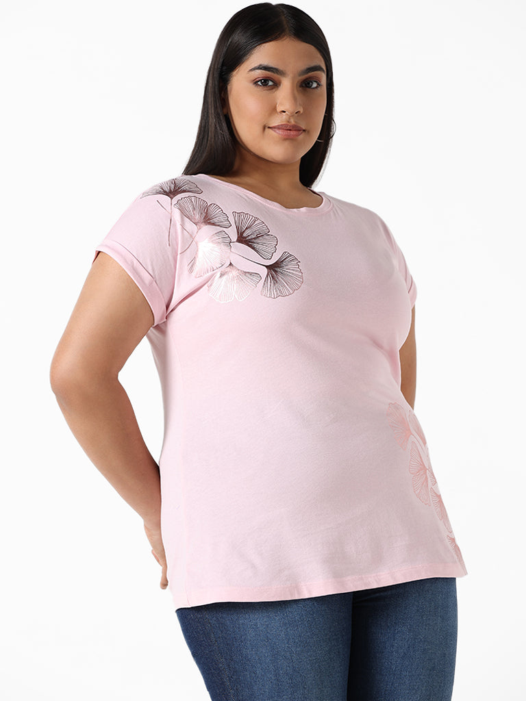 Gia Leaf Printed Pink T-Shirt