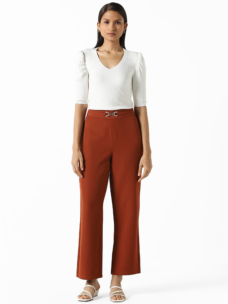 Wardrobe Solid Brown Pants with Belt Detail