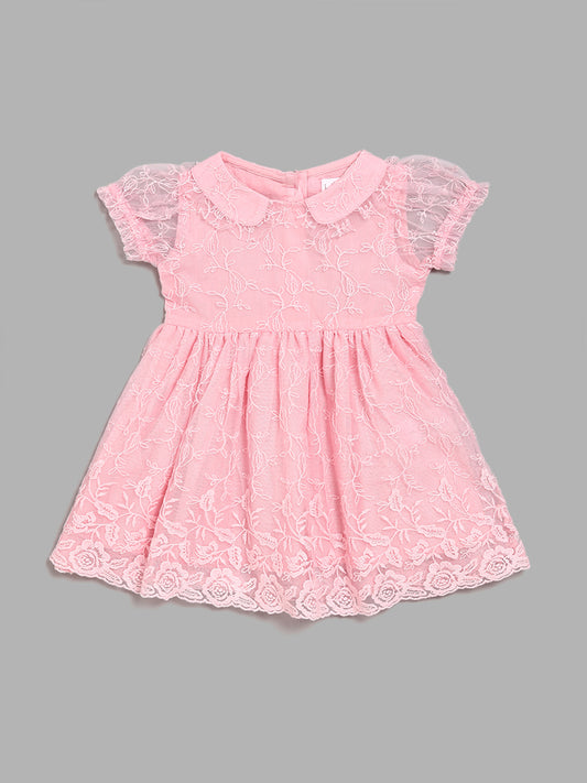 HOP Baby Pink Embroidered A-Line Dress