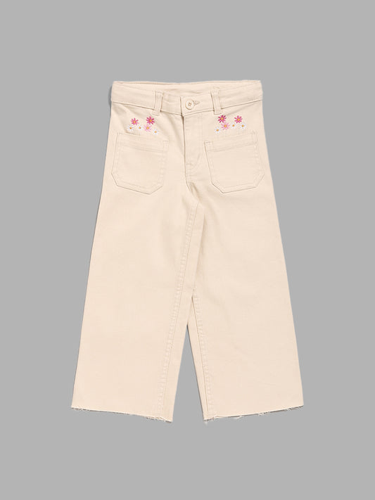 HOP Kids Beige Embroidered Mid Rise Jeans