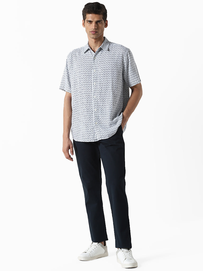 Ascot Printed Navy Blue Relaxed Fit Blended Linen Shirt