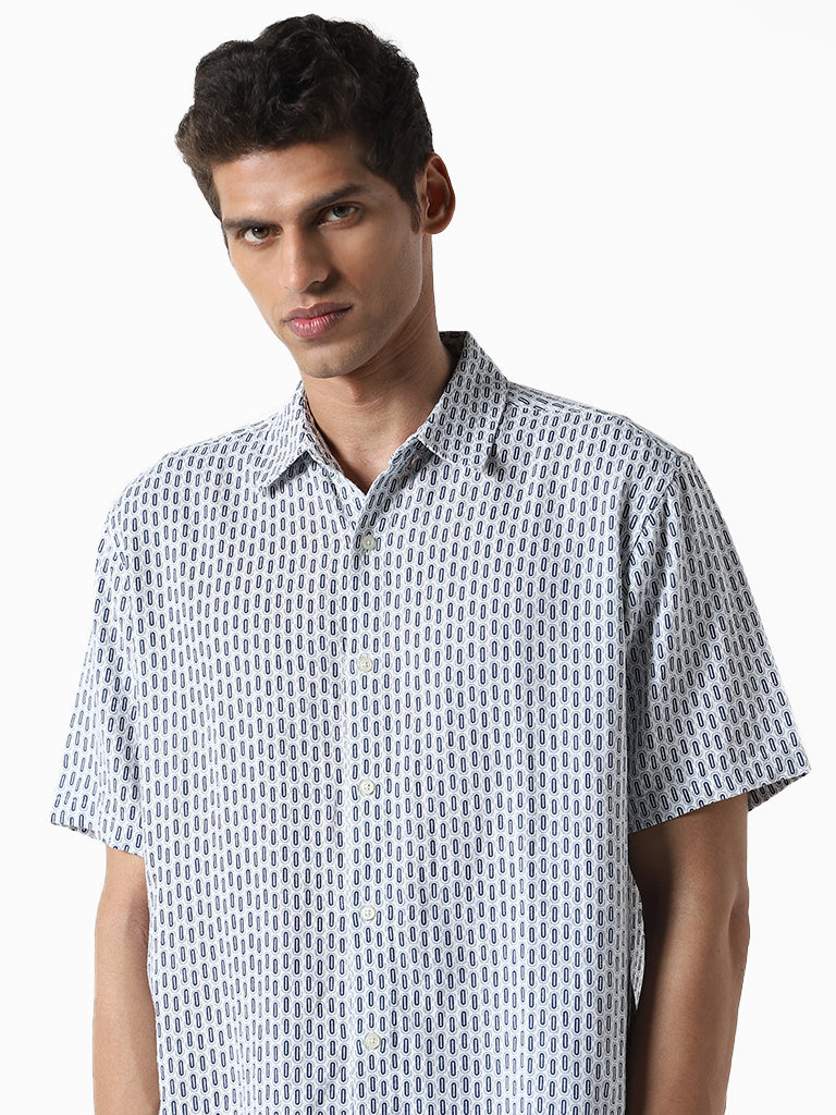 Ascot Printed Navy Blue Relaxed Fit Blended Linen Shirt