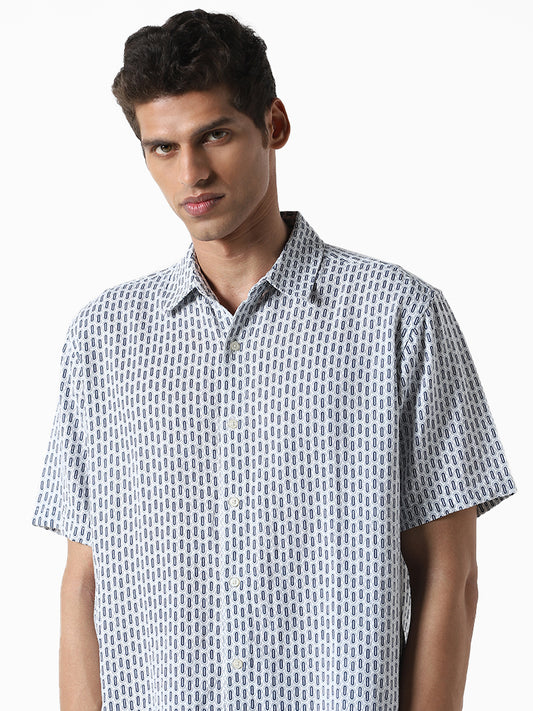 Ascot Printed Navy Blue Relaxed-Fit Blended Linen Shirt
