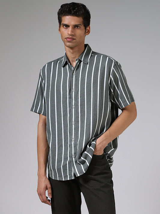 Ascot Sage Green and White Striped Relaxed-Fit Blended Linen Shirt
