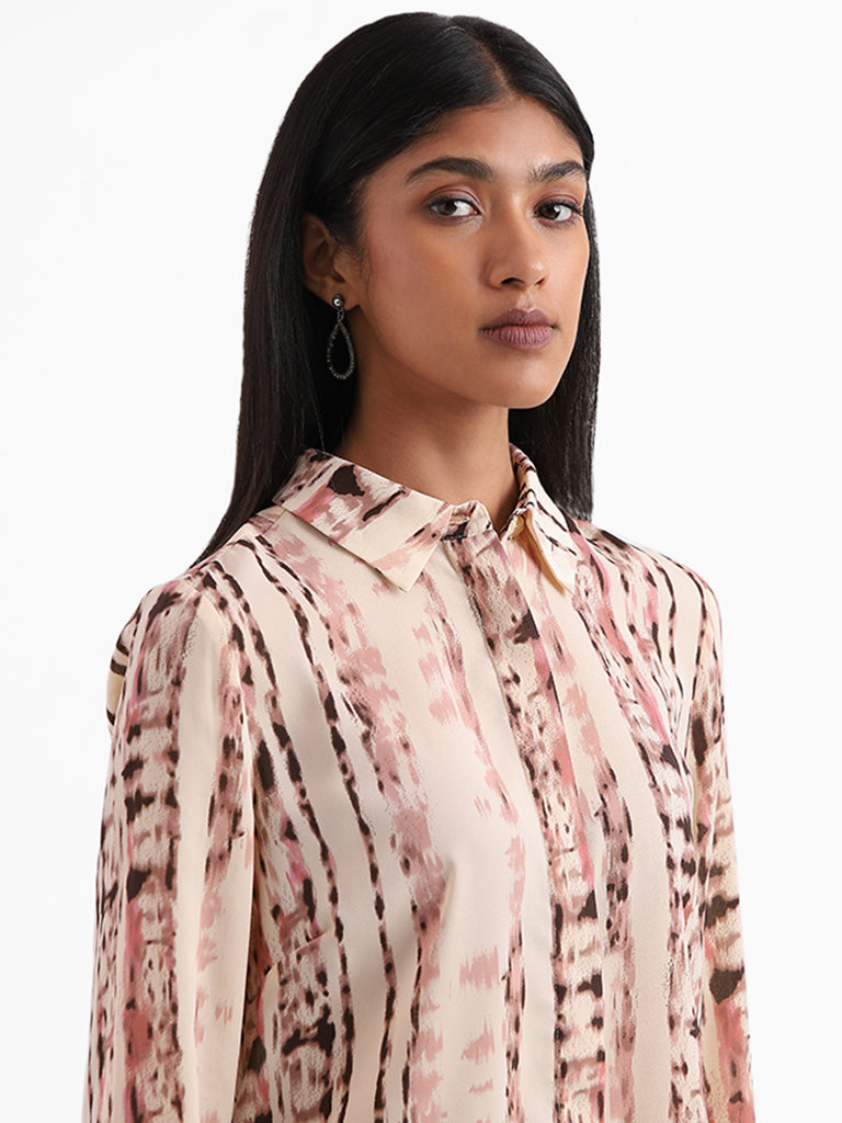 Wardrobe Abstract Striped Printed Beige Shirt