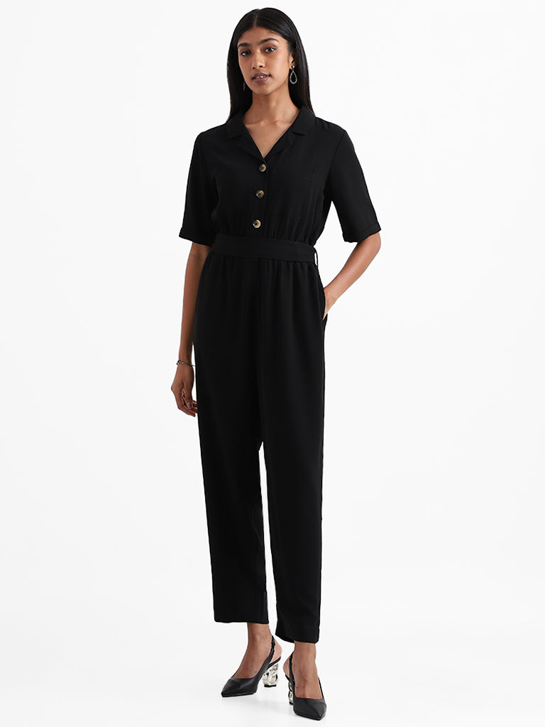 Wardrobe Solid Black Buttoned Jumpsuit with Belt