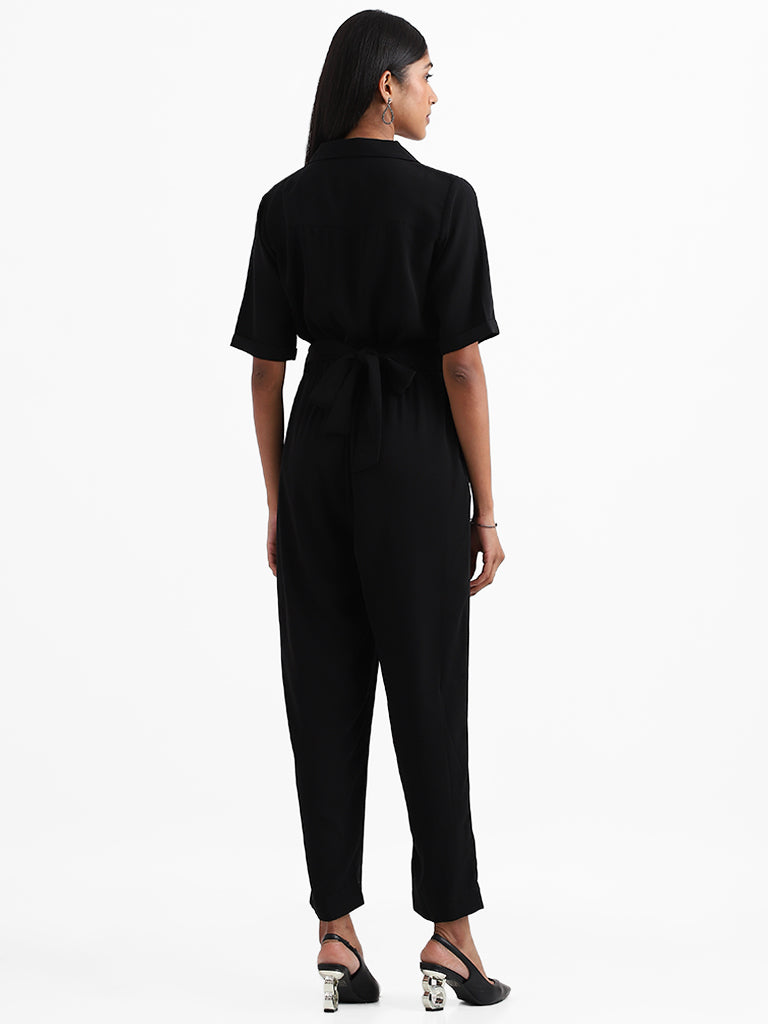 Wardrobe Solid Black Buttoned Jumpsuit with Belt