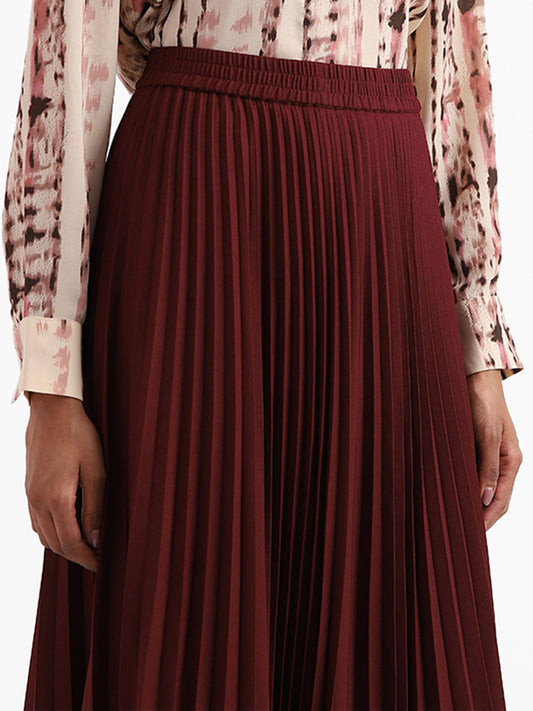 Wardrobe Plain Maroon Pleated Skirt