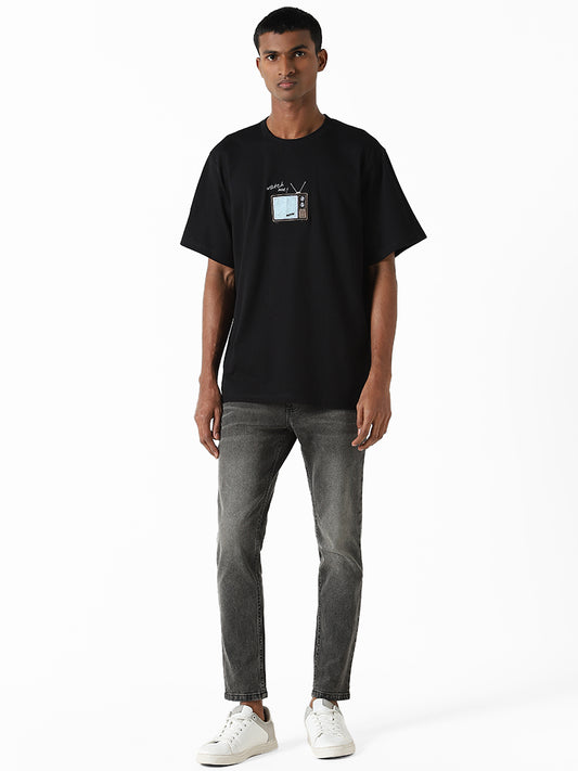 Nuon Black Embroidered Relaxed Fit T-Shirt