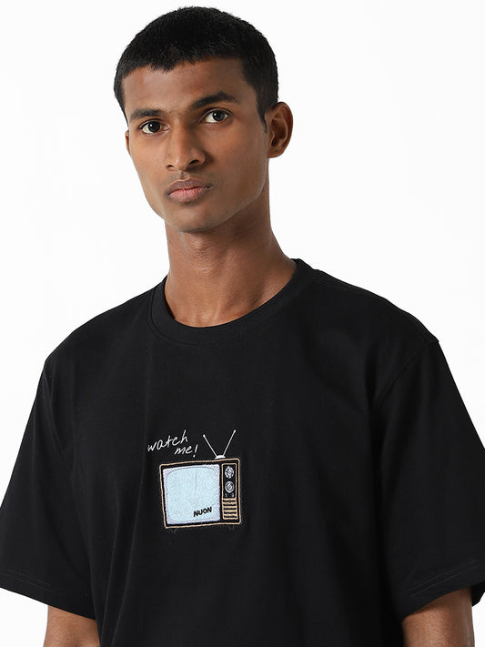 Nuon Black Embroidered Relaxed Fit T-Shirt