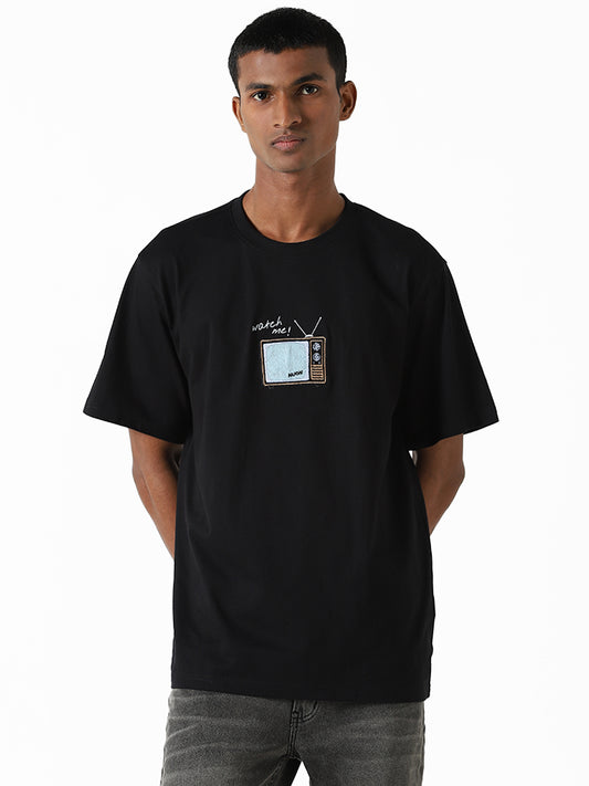 Nuon Black Embroidered Relaxed Fit T-Shirt