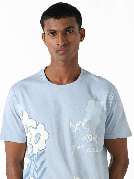 Nuon Light Blue Printed Slim Fit T-Shirt