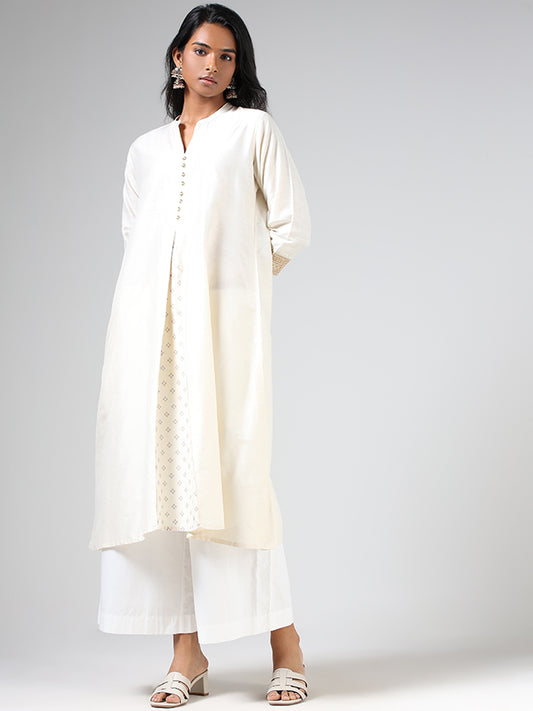 Utsa Ivory Box-Pleated Printed A-Line Kurta