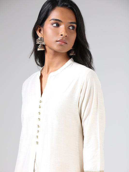 Utsa Ivory Box-Pleated Printed A-Line Kurta