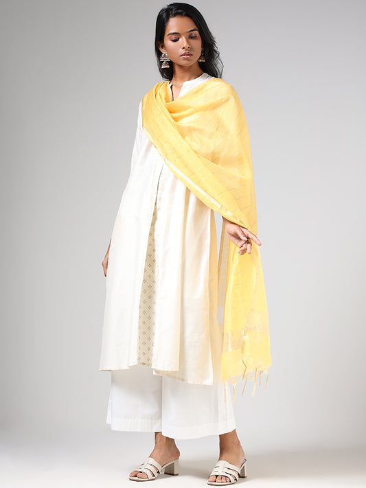 Utsa Ivory Box-Pleated Printed A-Line Kurta