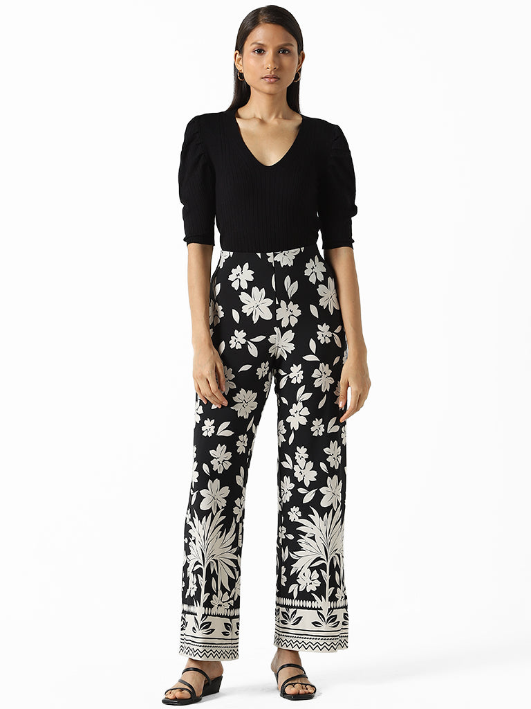Wardrobe Black Floral Printed High Rise Trousers