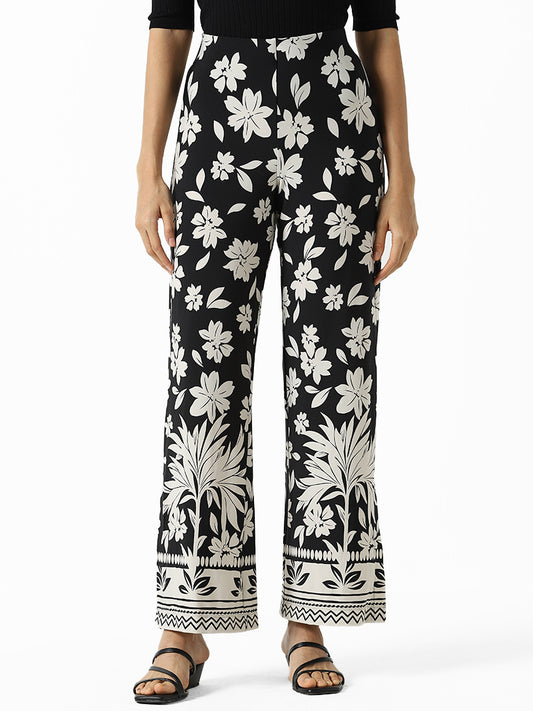 Wardrobe Black Floral Printed High Rise Trousers