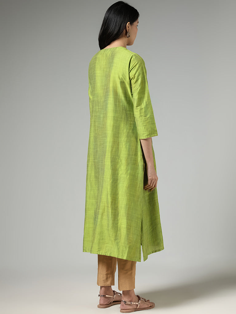 Utsa Lime Green Sequin Embroidered Straight Kurta