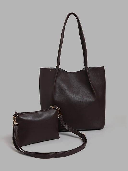 LOV Brown Leather Tote Bag with Sling Bag