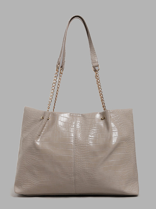 LOV Croco Textured Light Beige Tote Bag