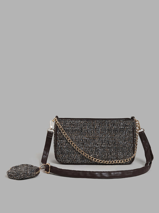 LOV Brown Tweed Shoulder Bag with Pouch