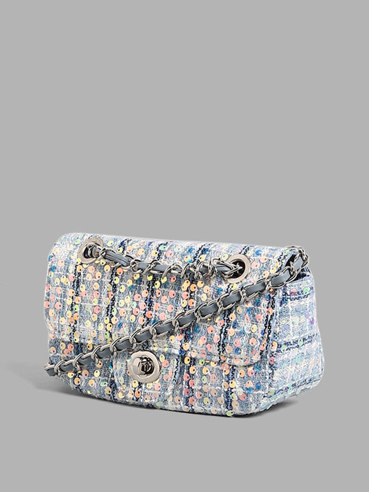 LOV Blue Sequin Embroidered & Woven Sling Bag