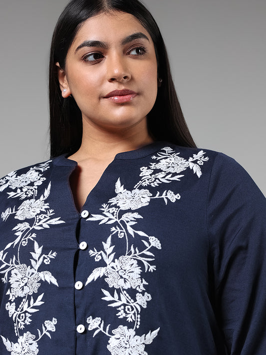 Gia Navy Blue Floral Embroidered Blended Linen Top