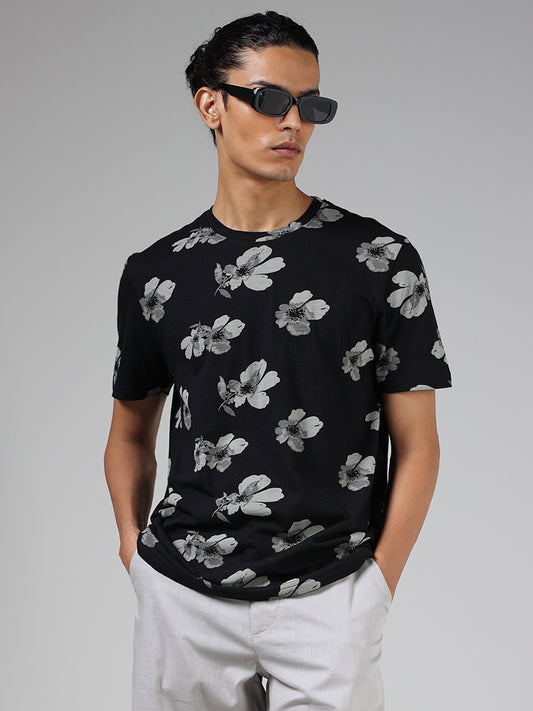 ETA Black Floral Printed Cotton Slim Fit T-Shirt