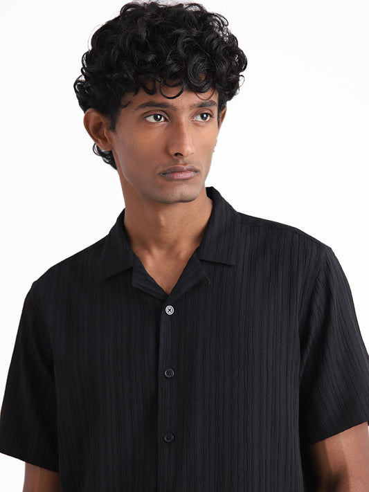 Nuon Charcoal Black Embroidered Cotton Slim Fit Shirt