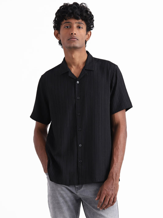 Nuon Charcoal Black Embroidered Cotton Slim Fit Shirt