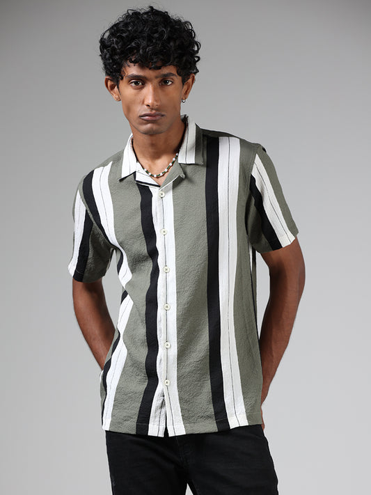 Nuon Sage & White Striped Resort-Fit Shirt