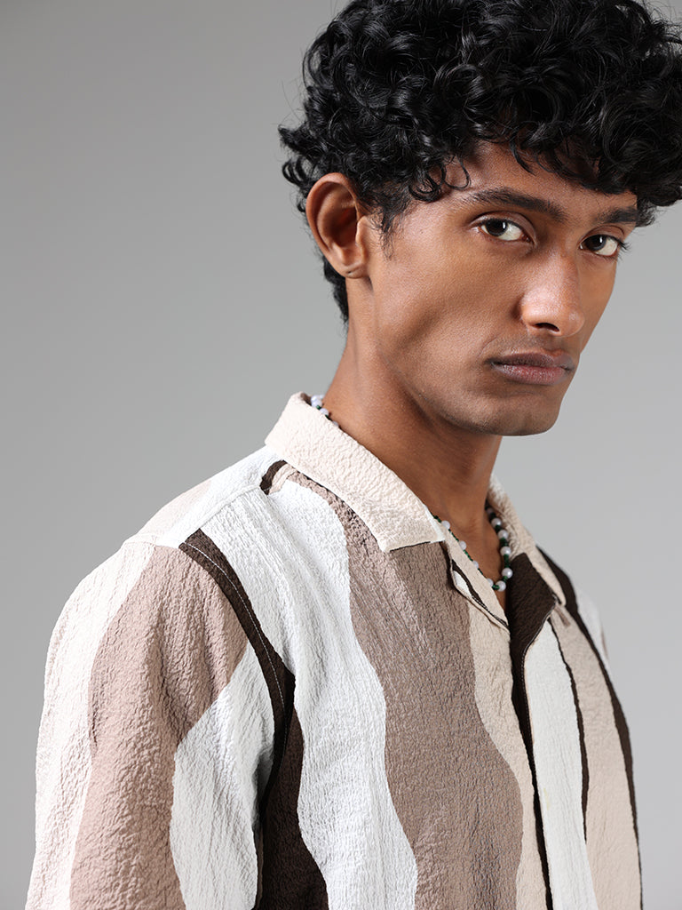 Nuon Beige & White Striped Relaxed Fit Shirt