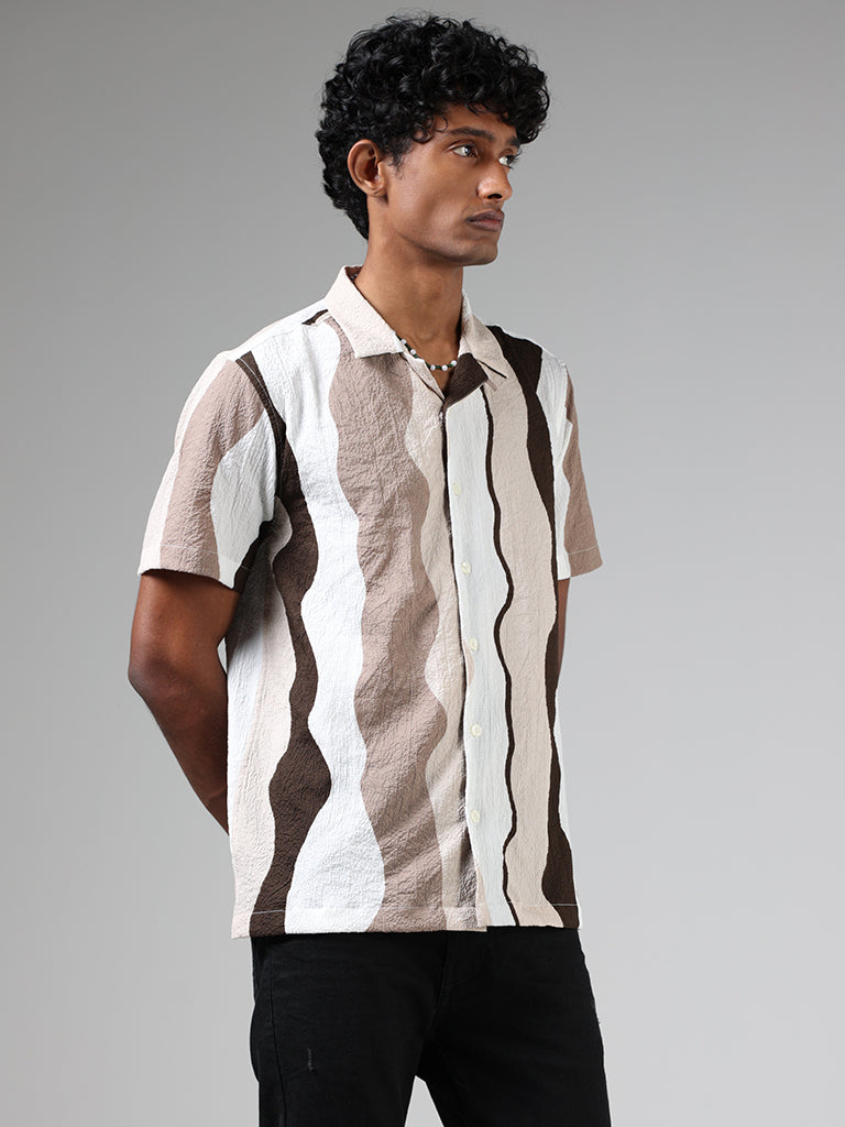 Nuon Beige & White Striped Relaxed Fit Shirt