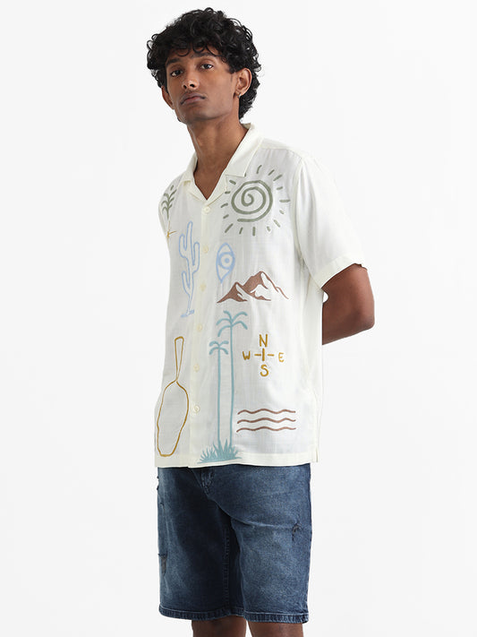 Nuon Off White Embroidered Relaxed Fit Shirt